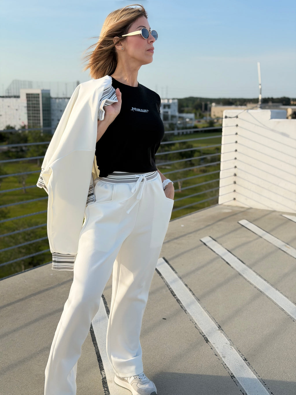 MIRAJE Striped Waist Wide Leg Pants